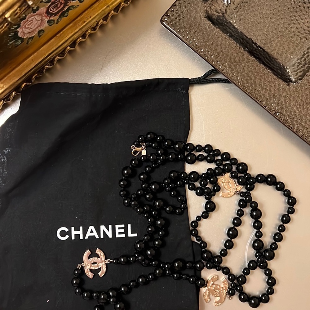 Chanel Black Beaded CC Charm Necklace